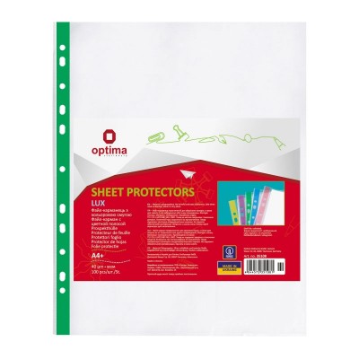 Файл для документів А4+ Optima, 40 мкм, фактура "глянець", з зеленою стрічкою (100 шт/уп)