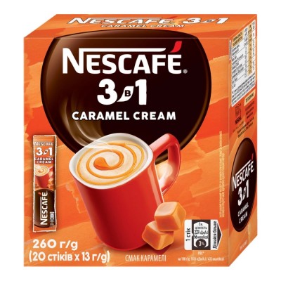 Напій кавовий NESCAFE 3-в-1 Caramel Cream зі смаком карамелі розчинний у стіках 20 шт х 13 г