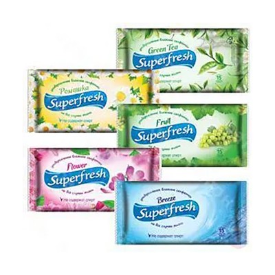 Серветки вологі SuperFresh 15шт в ассорт (зел чай, ромашка, цветы, принцеса)-661,-760,-732,-460,-801