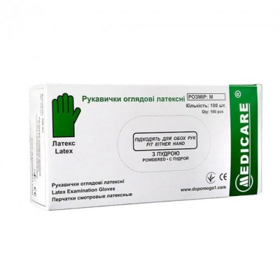 Рукавички Мед MEDICARE латекс в боксі розм.М 100шт (ПДВ-7%)