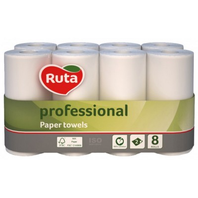 Рушники паперові "RUTA" Professional, 8 рул., на гільзі, 2 шар., білі